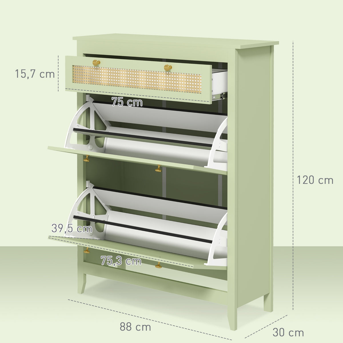 Shoe cabinet with 2 flaps, shoe tipper with drawer, shoe rack, shoe chest of drawers for 12 pairs of shoes, shoe rack for entrance area, hallway 88 x 30 x 120 cm, green