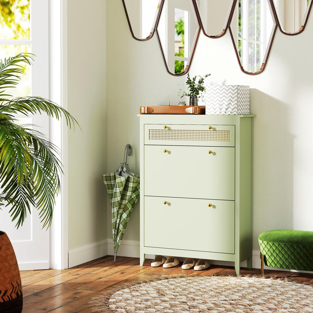 Shoe cabinet with 2 flaps, shoe tipper with drawer, shoe rack, shoe chest of drawers for 12 pairs of shoes, shoe rack for entrance area, hallway 88 x 30 x 120 cm, green