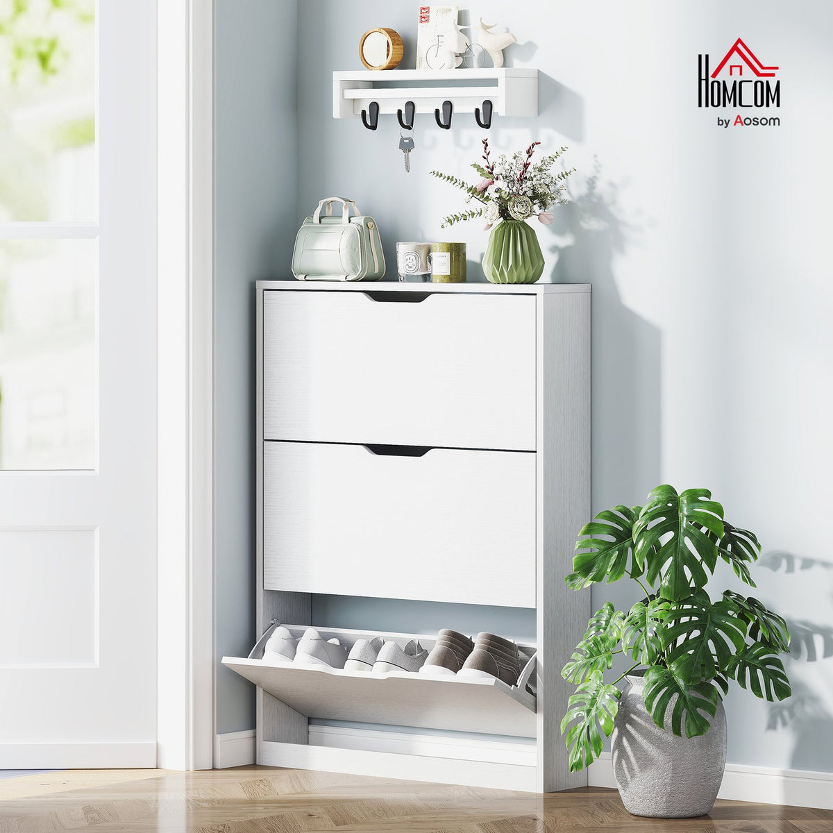 Shoe cabinet with 3 flaps, shoe rack, shoe tipper, narrow shoe chest for 9-12 pairs of shoes 80 x 17 x 108 cm, white