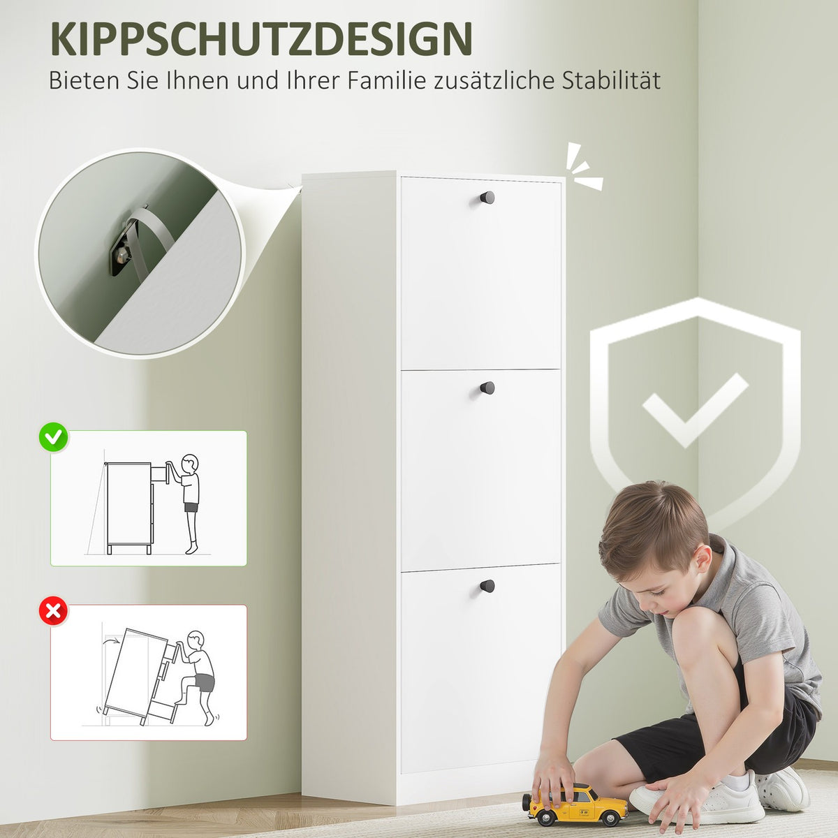 Shoe cabinet with 3 flaps, shoe rack with adjustable divider, shoe chest of drawers, narrow shoe tipper for 12 pairs of shoes 47 x 26 x 120 cm, white |