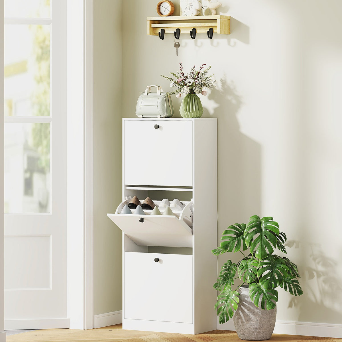 Shoe cabinet with 3 flaps, shoe rack with adjustable divider, shoe chest of drawers, narrow shoe tipper for 12 pairs of shoes 47 x 26 x 120 cm, white |
