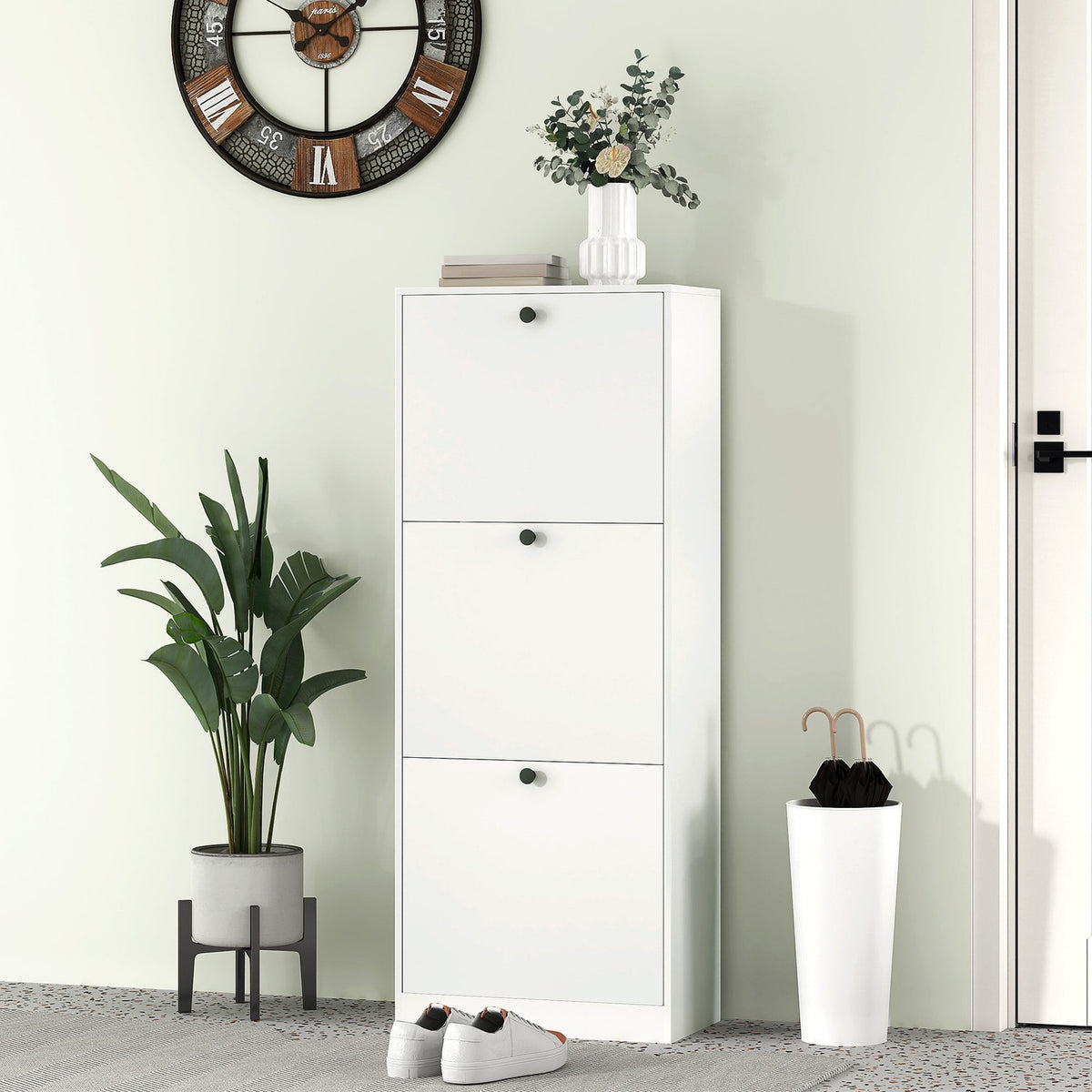 Shoe cabinet with 3 flaps, shoe rack with adjustable divider, shoe chest of drawers, narrow shoe tipper for 12 pairs of shoes 47 x 26 x 120 cm, white |