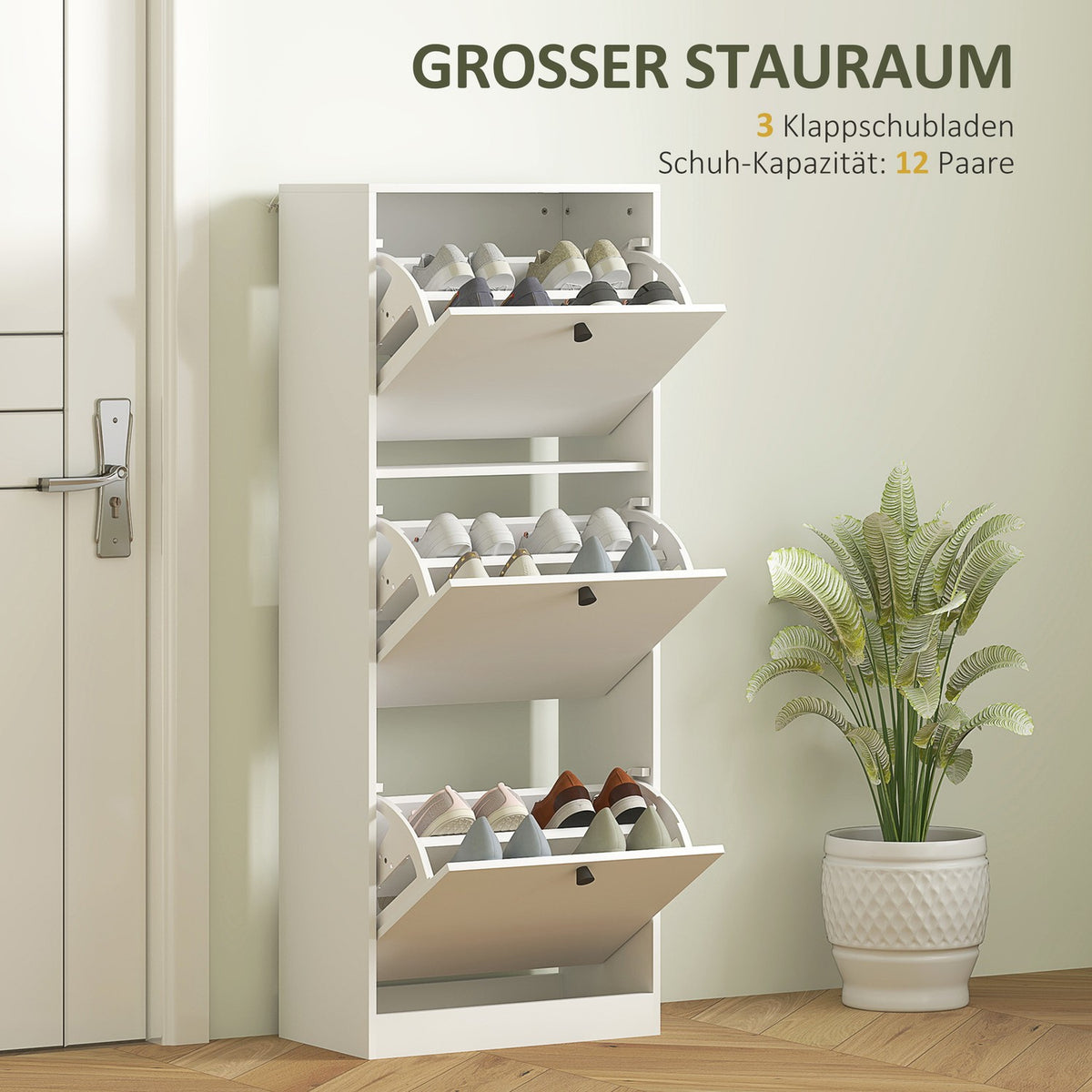 Shoe cabinet with 3 flaps, shoe rack with adjustable divider, shoe chest of drawers, narrow shoe tipper for 12 pairs of shoes 47 x 26 x 120 cm, white |