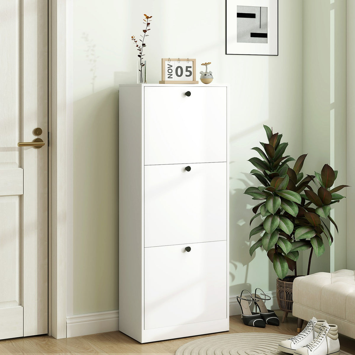 Shoe cabinet with 3 flaps, shoe rack with adjustable divider, shoe chest of drawers, narrow shoe tipper for 12 pairs of shoes 47 x 26 x 120 cm, white |