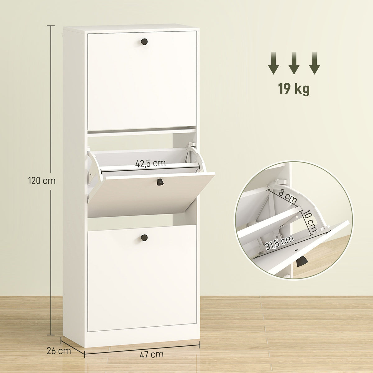 Shoe cabinet with 3 flaps, shoe rack with adjustable divider, shoe chest of drawers, narrow shoe tipper for 12 pairs of shoes 47 x 26 x 120 cm, white |
