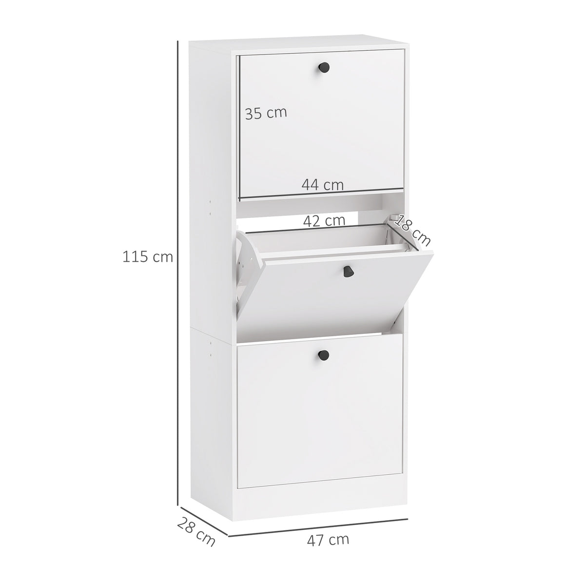 Shoe cabinet with 3 flaps, shoe tipper, shoe rack with adjustable divider, narrow shoe chest for 12 pairs of shoes 47 x 28 x 115 cm, white