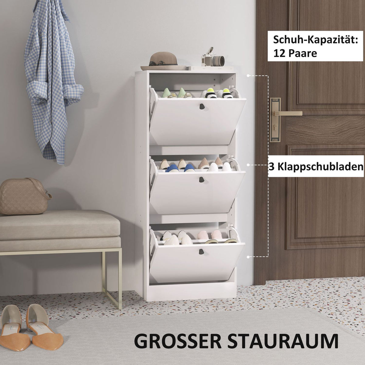 Shoe cabinet with 3 flaps, shoe tipper, shoe rack with adjustable divider, narrow shoe chest for 12 pairs of shoes 47 x 28 x 115 cm, white