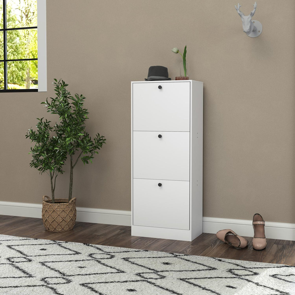 Shoe cabinet with 3 flaps, shoe tipper, shoe rack with adjustable divider, narrow shoe chest for 12 pairs of shoes 47 x 28 x 115 cm, white