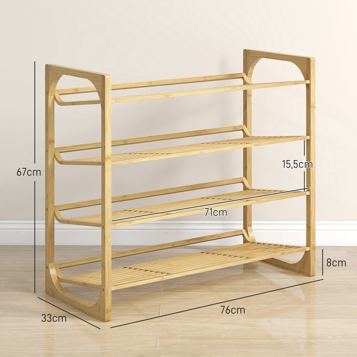 Shoe rack, shoe stand with 4 levels made of bamboo, for max. 12 pairs of shoes, shoe rack with handle for entrance, bedroom, 76 x 33 x 67 cm, natural