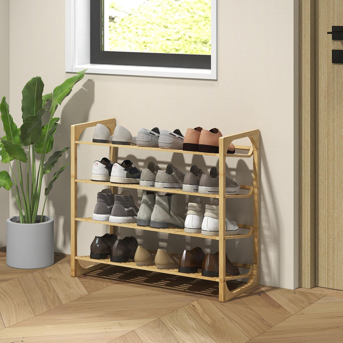 Shoe rack, shoe stand with 4 levels made of bamboo, for max. 12 pairs of shoes, shoe rack with handle for entrance, bedroom, 76 x 33 x 67 cm, natural