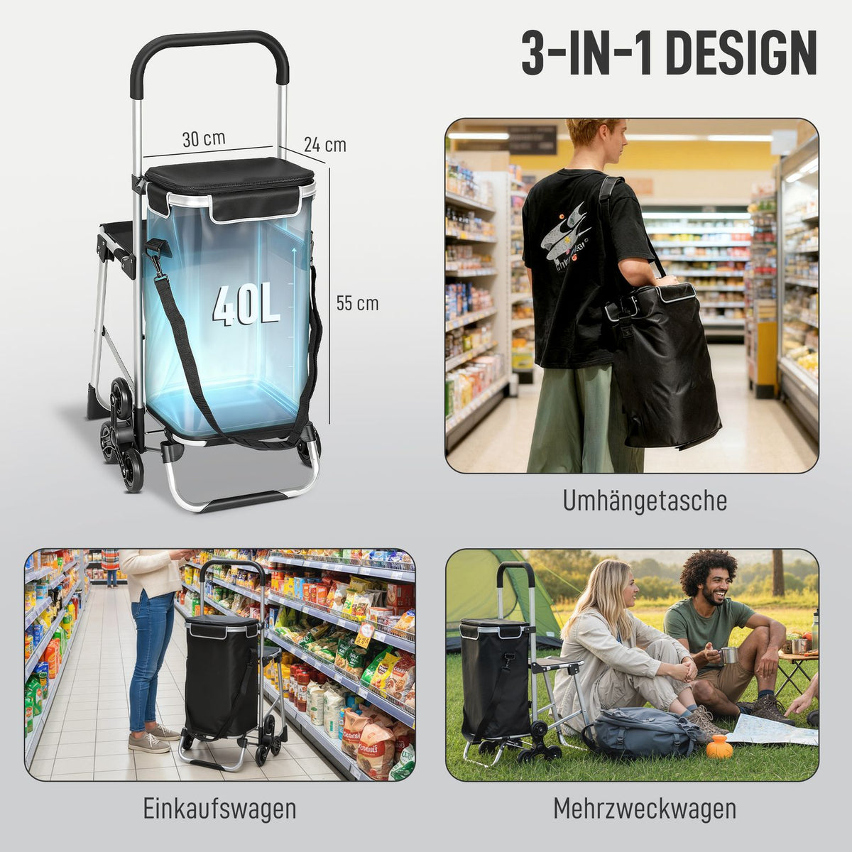 Shopping Trolley, 40L, 3-Wheel, Aluminum Frame, Seat