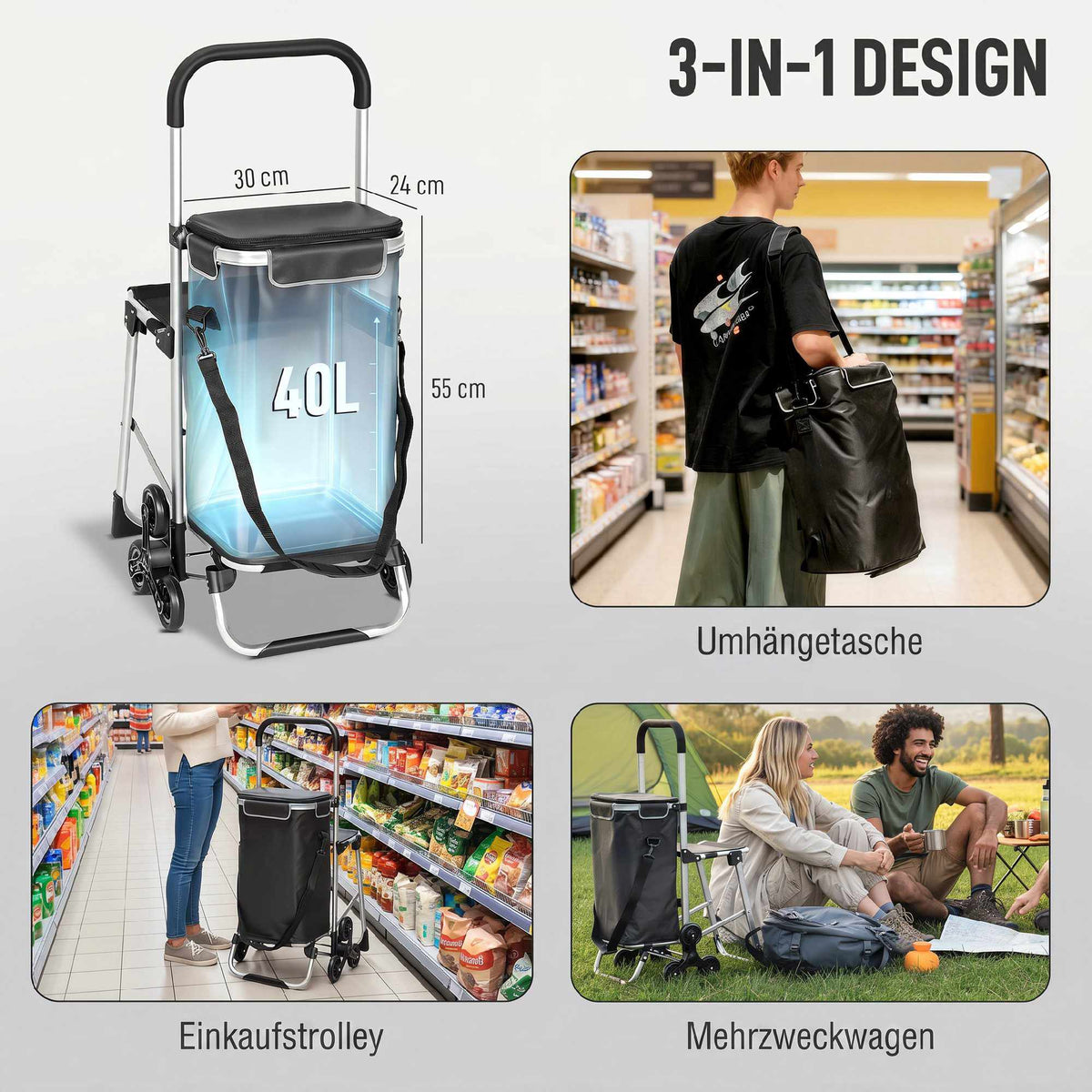 Shopping Trolley, 40L Oxford Bag, 3-Wheel Design, Dark Grey