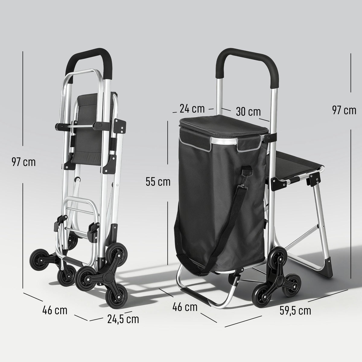 Shopping Trolley, 40L Oxford Bag, 3-Wheel Design, Dark Grey