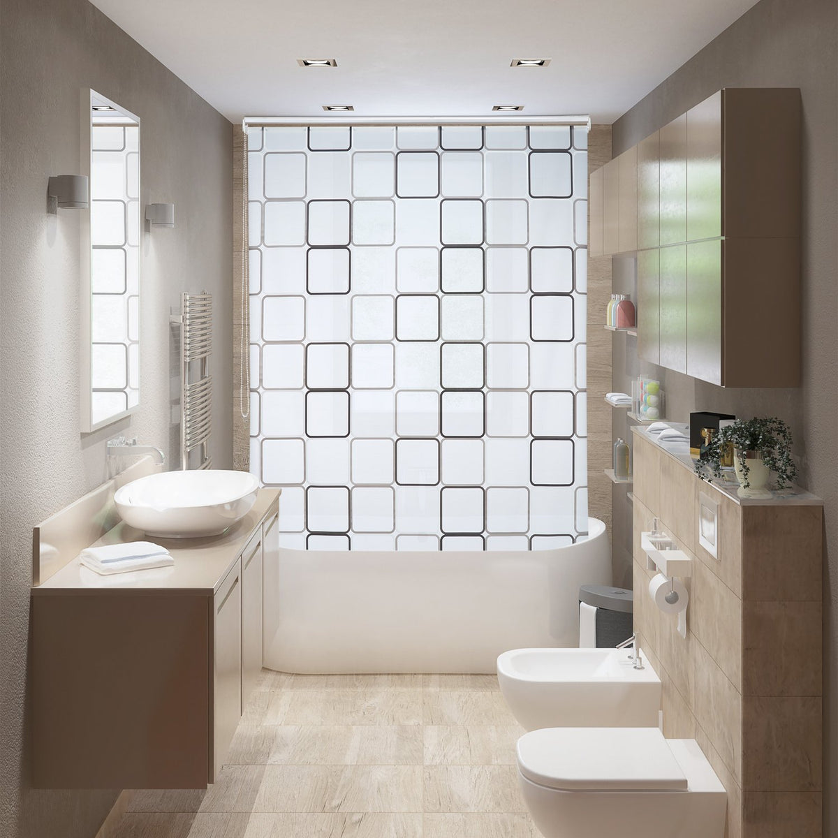 Shower Roller Blind, Water-Repellent, Retro Tile Design
