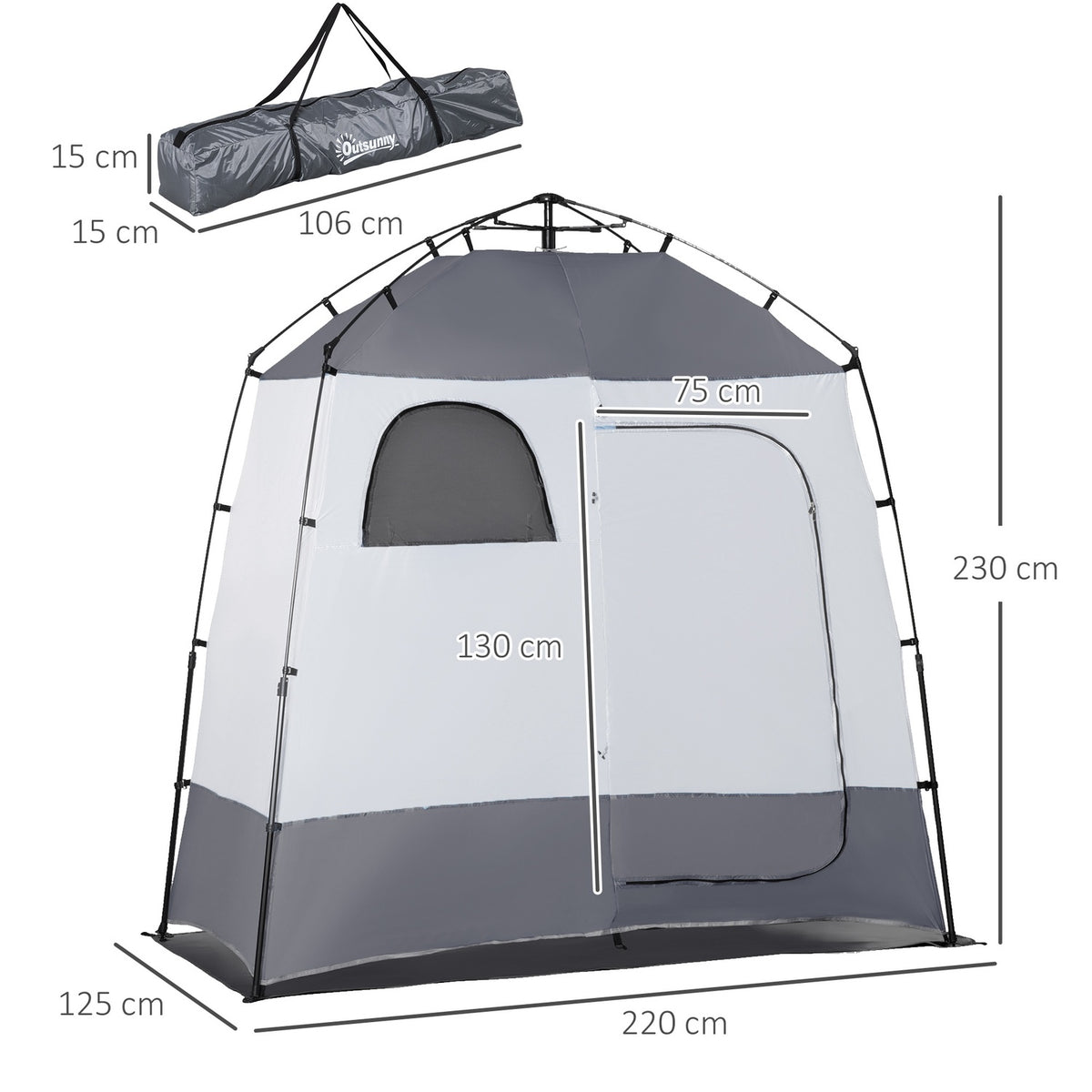 Shower Tent For 2 Persons Toilet Tent With Transport Bag, 3 Doors, 2 Windows, Changing Room, Grey