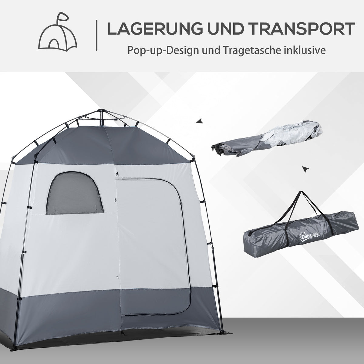 Shower Tent For 2 Persons Toilet Tent With Transport Bag, 3 Doors, 2 Windows, Changing Room, Grey