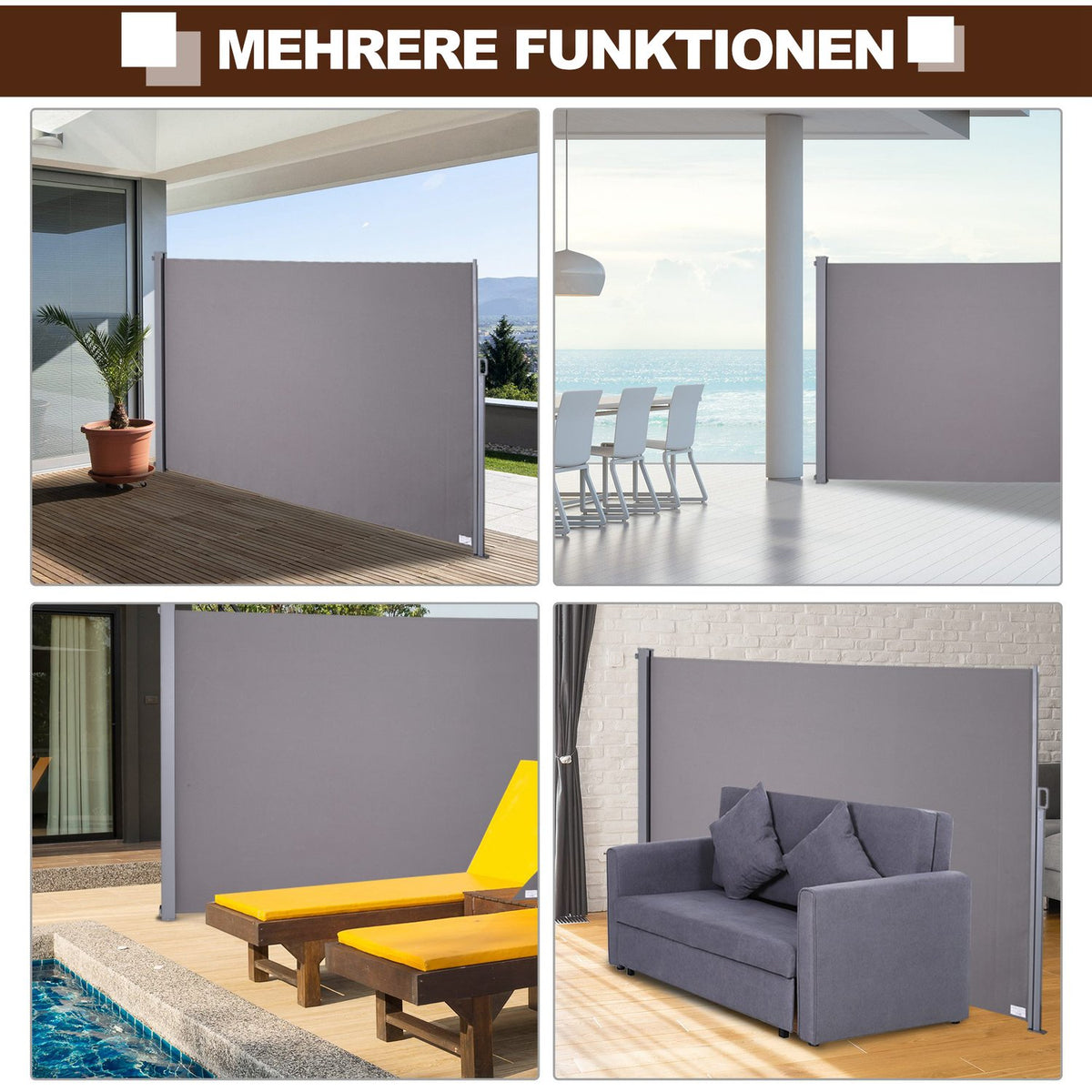 Side Awning, Privacy And Sun Protection, Side Blind, Polyester, Grey, 3 X 1.6 M