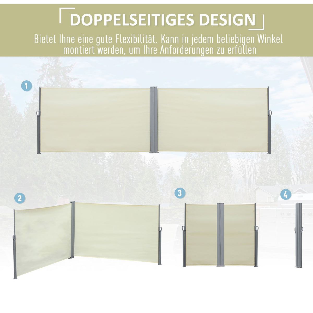 Side Awning Privacy And Sun Protection, Side Roller Blind, Uv Protection, Polyester, Cream, 600X160Cm