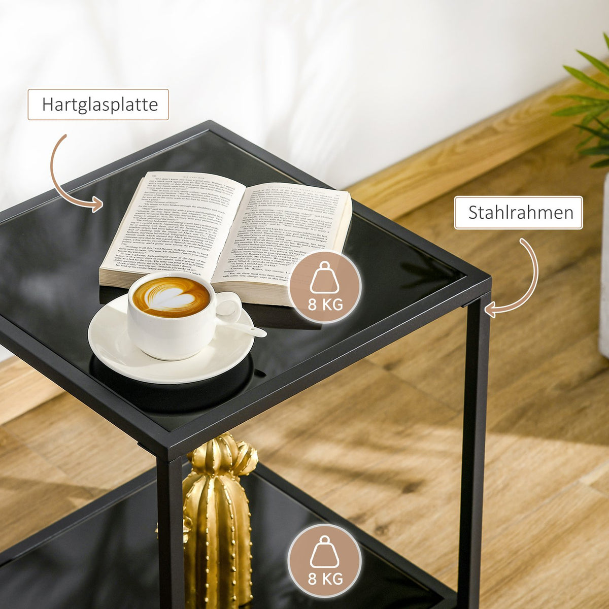 Side Table 2 Tier Coffee Table Tempered Glass Coffee Table for Living Room Bedroom 40 x 40 x 50 cm Steel Black