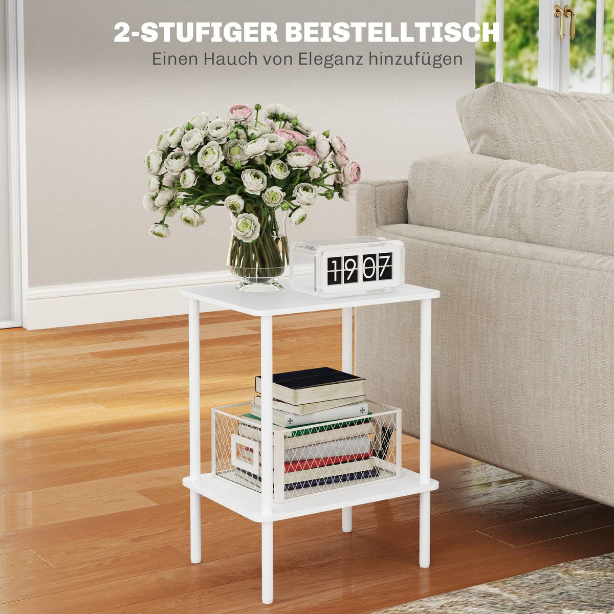 Side Table, 2 Tier Coffee Table with Storage Compartment and Metal Frame, Modern Coffee Table for Living Room, Bedroom, White