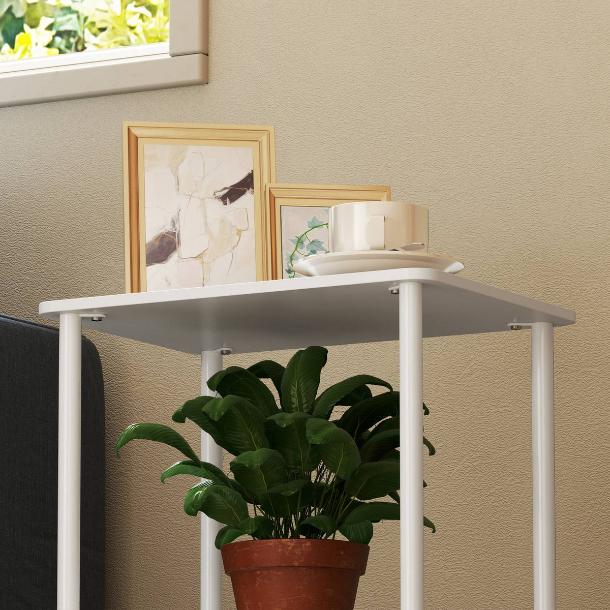 Side Table, 2 Tier Coffee Table with Storage Compartment and Metal Frame, Modern Coffee Table for Living Room, Bedroom, White