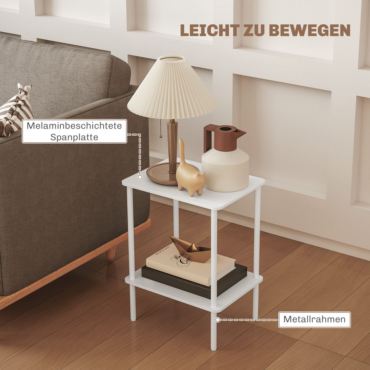 Side Table, 2 Tier Coffee Table with Storage Compartment and Metal Frame, Modern Coffee Table for Living Room, Bedroom, White