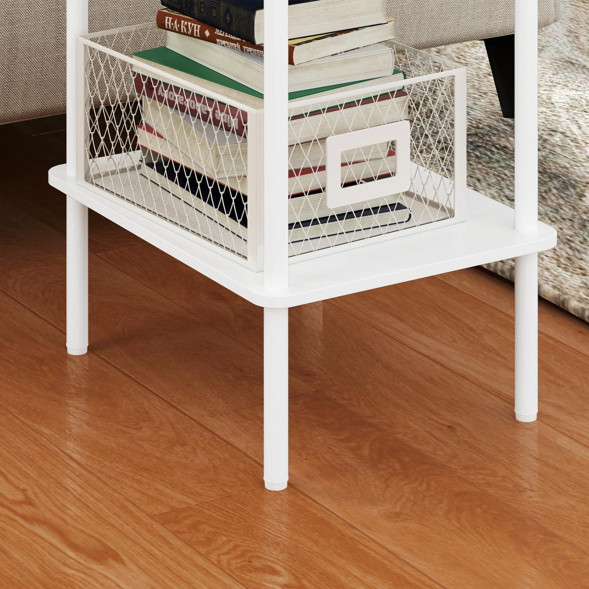 Side Table, 2 Tier Coffee Table with Storage Compartment and Metal Frame, Modern Coffee Table for Living Room, Bedroom, White