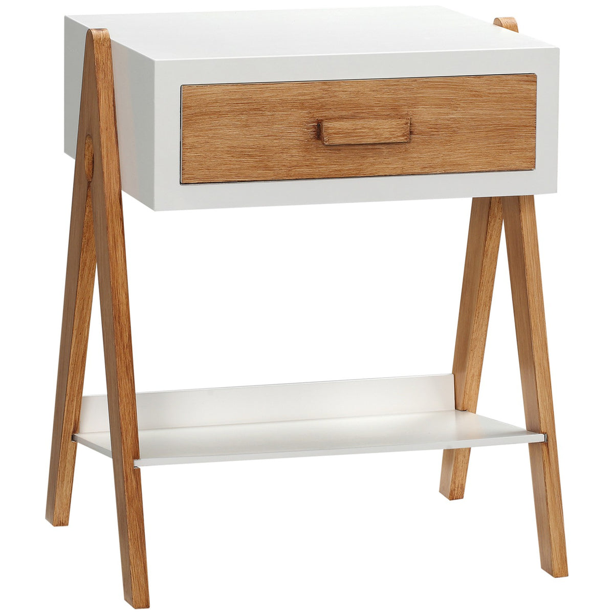 Side Table Bedside Cabinet With Drawer, Coffee Table In Scandi Design, White + Natural, 45X35X54.5Cm