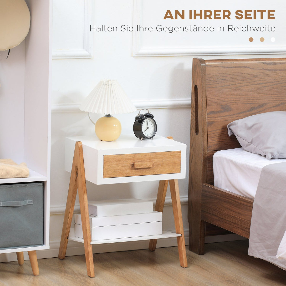 Side Table Bedside Cabinet With Drawer, Coffee Table In Scandi Design, White + Natural, 45X35X54.5Cm