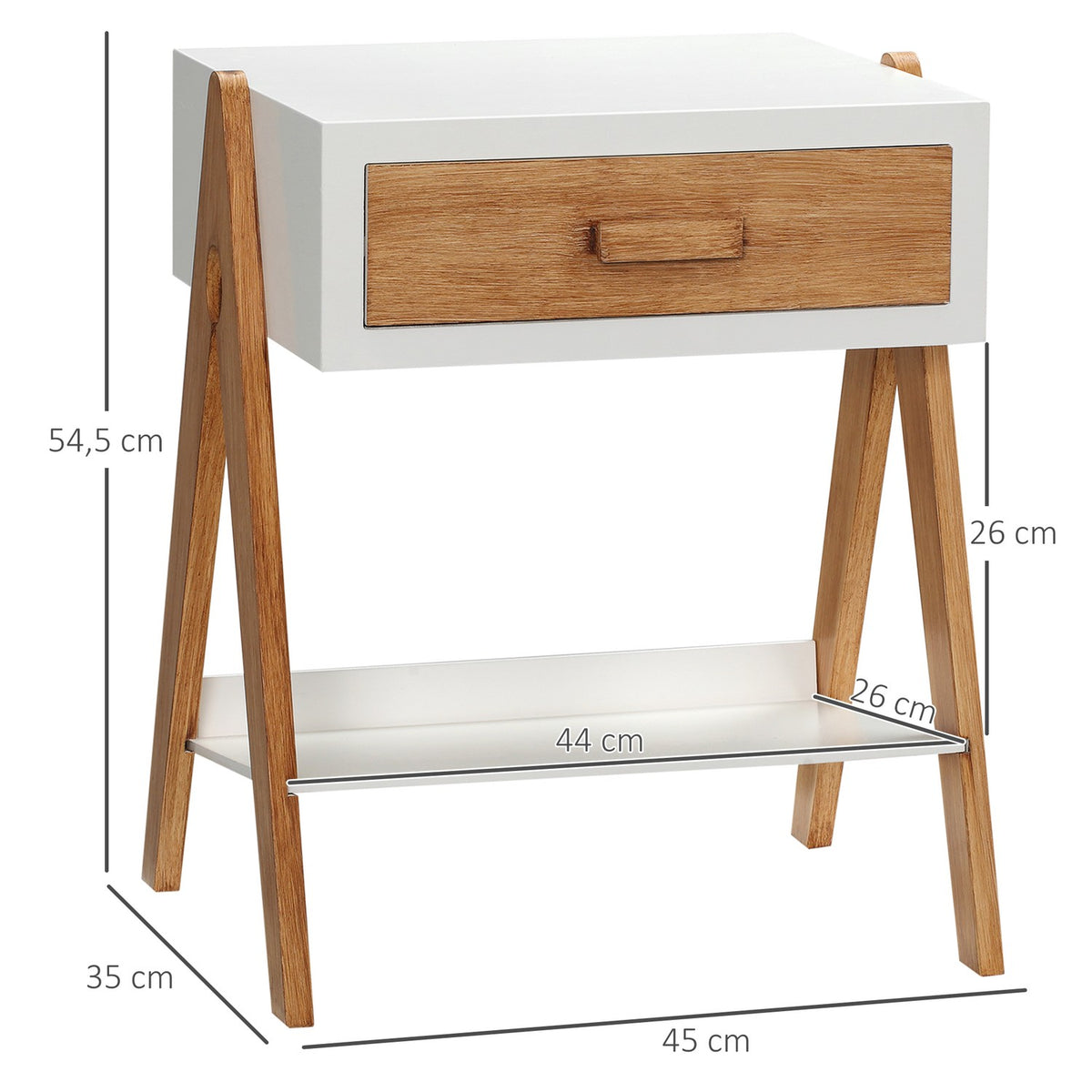 Side Table Bedside Cabinet With Drawer, Coffee Table In Scandi Design, White + Natural, 45X35X54.5Cm