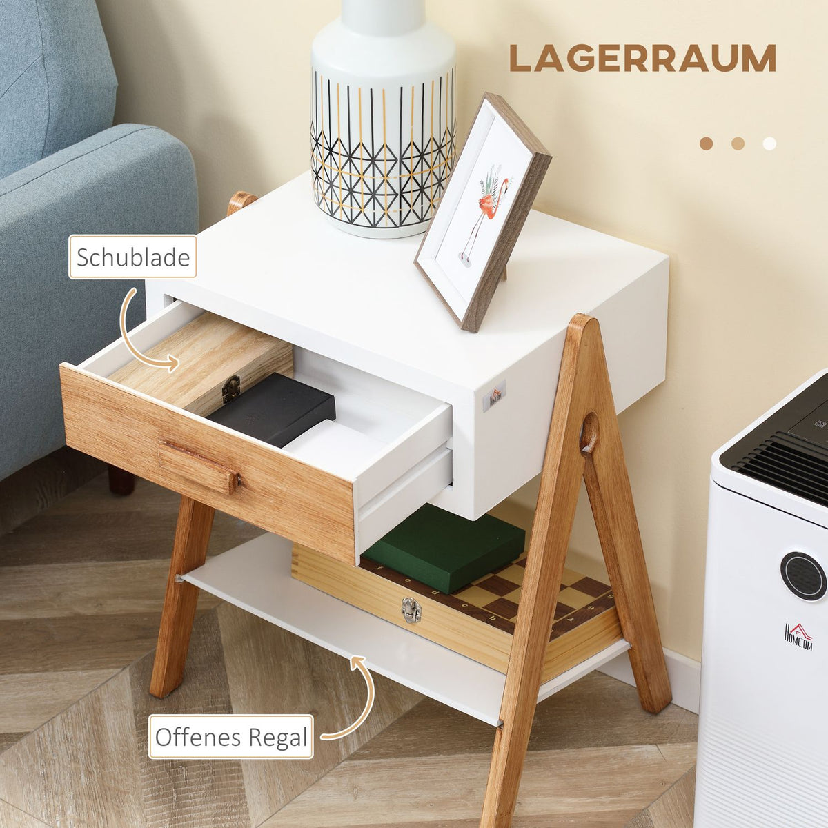Side Table Bedside Cabinet With Drawer, Coffee Table In Scandi Design, White + Natural, 45X35X54.5Cm