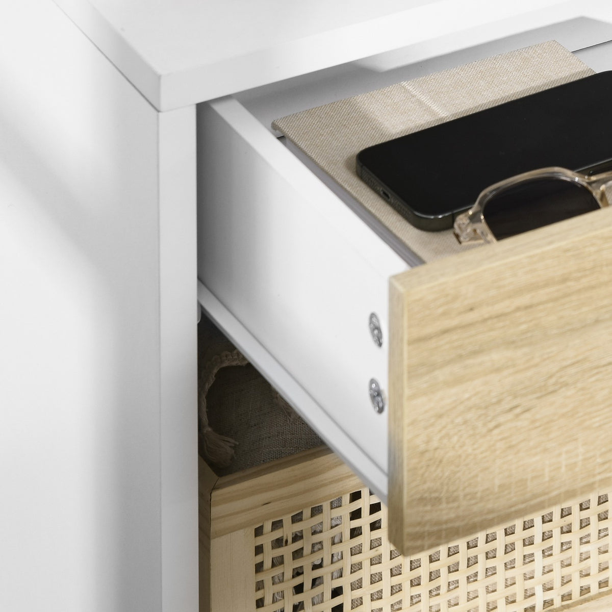 Side Table, Bedside Table, Night Dresser With Drawer, Open Compartment, 47.5X40X45Cm, White