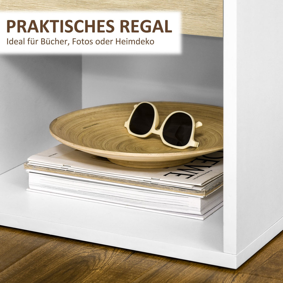 Side Table, Bedside Table, Night Dresser With Drawer, Open Compartment, 47.5X40X45Cm, White