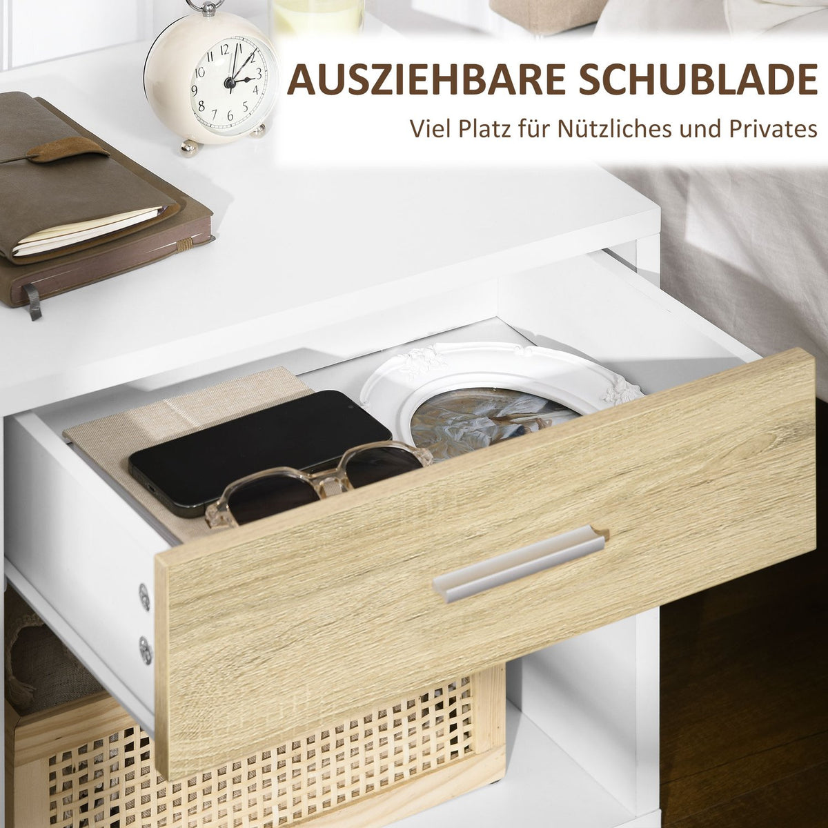Side Table, Bedside Table, Night Dresser With Drawer, Open Compartment, 47.5X40X45Cm, White