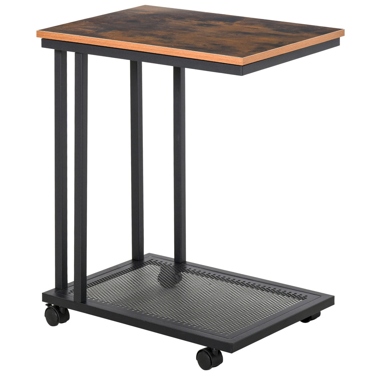 Side Table C-Shape Rollable Trolley, Serving Trolley, Side Table, Wood + Metal, Black + Walnut, 51X36X65 Cm