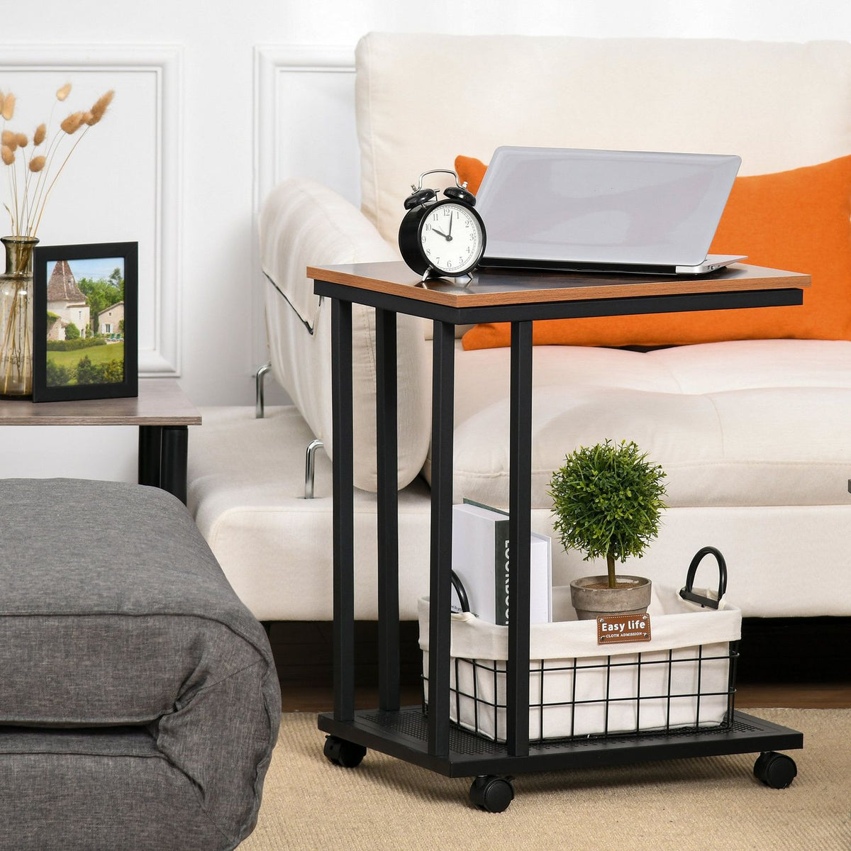 Side Table C-Shape Rollable Trolley, Serving Trolley, Side Table, Wood + Metal, Black + Walnut, 51X36X65 Cm