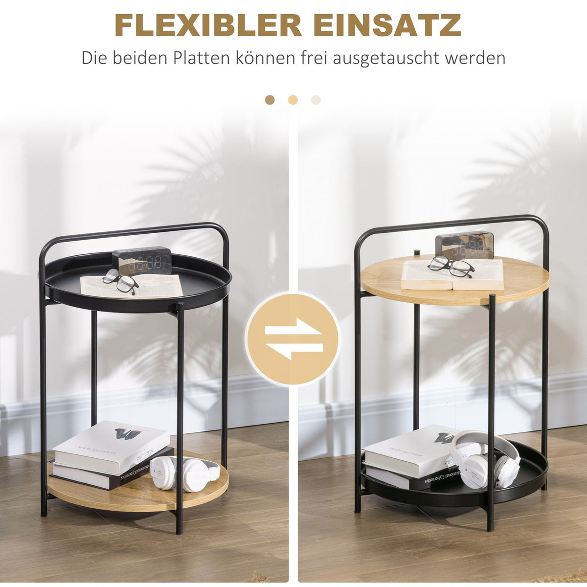 Side Table Coffee Table With Handle And 2 Removable Trays, Industrial Design, Steel + Chipboard, Black + Natural, 43.5X42.5X60Cm