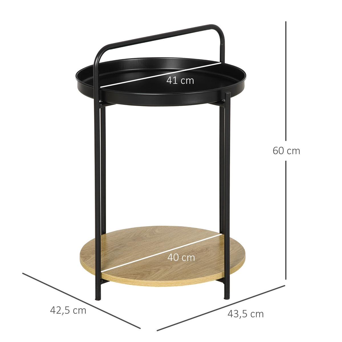 Side Table Coffee Table With Handle And 2 Removable Trays, Industrial Design, Steel + Chipboard, Black + Natural, 43.5X42.5X60Cm