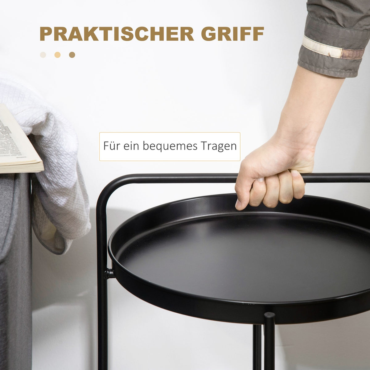 Side Table Coffee Table With Handle And 2 Removable Trays, Industrial Design, Steel + Chipboard, Black + Natural, 43.5X42.5X60Cm