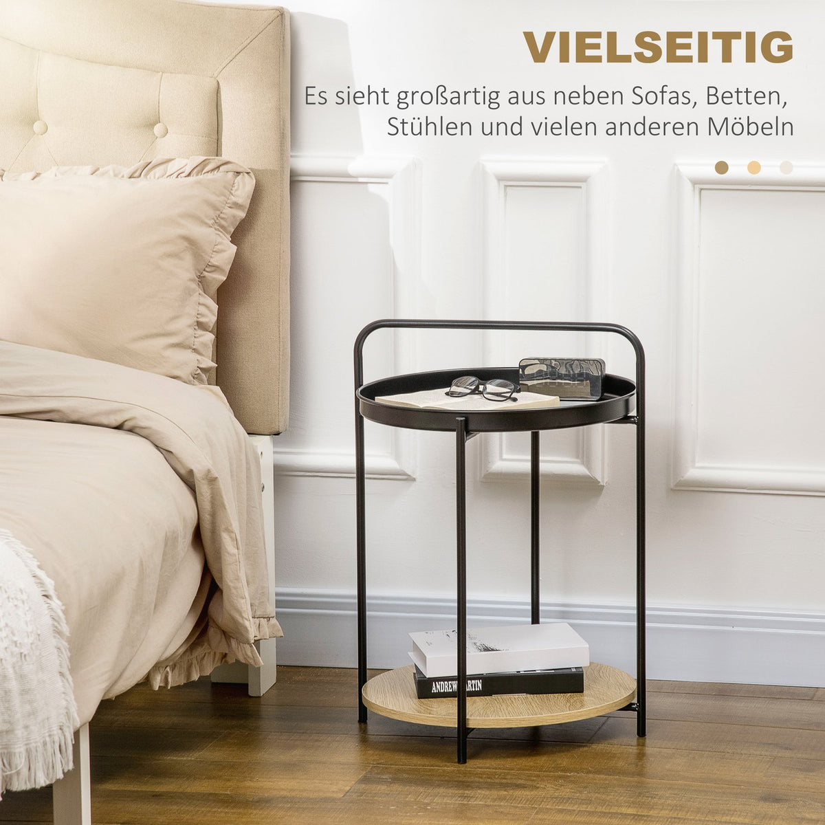 Side Table Coffee Table With Handle And 2 Removable Trays, Industrial Design, Steel + Chipboard, Black + Natural, 43.5X42.5X60Cm