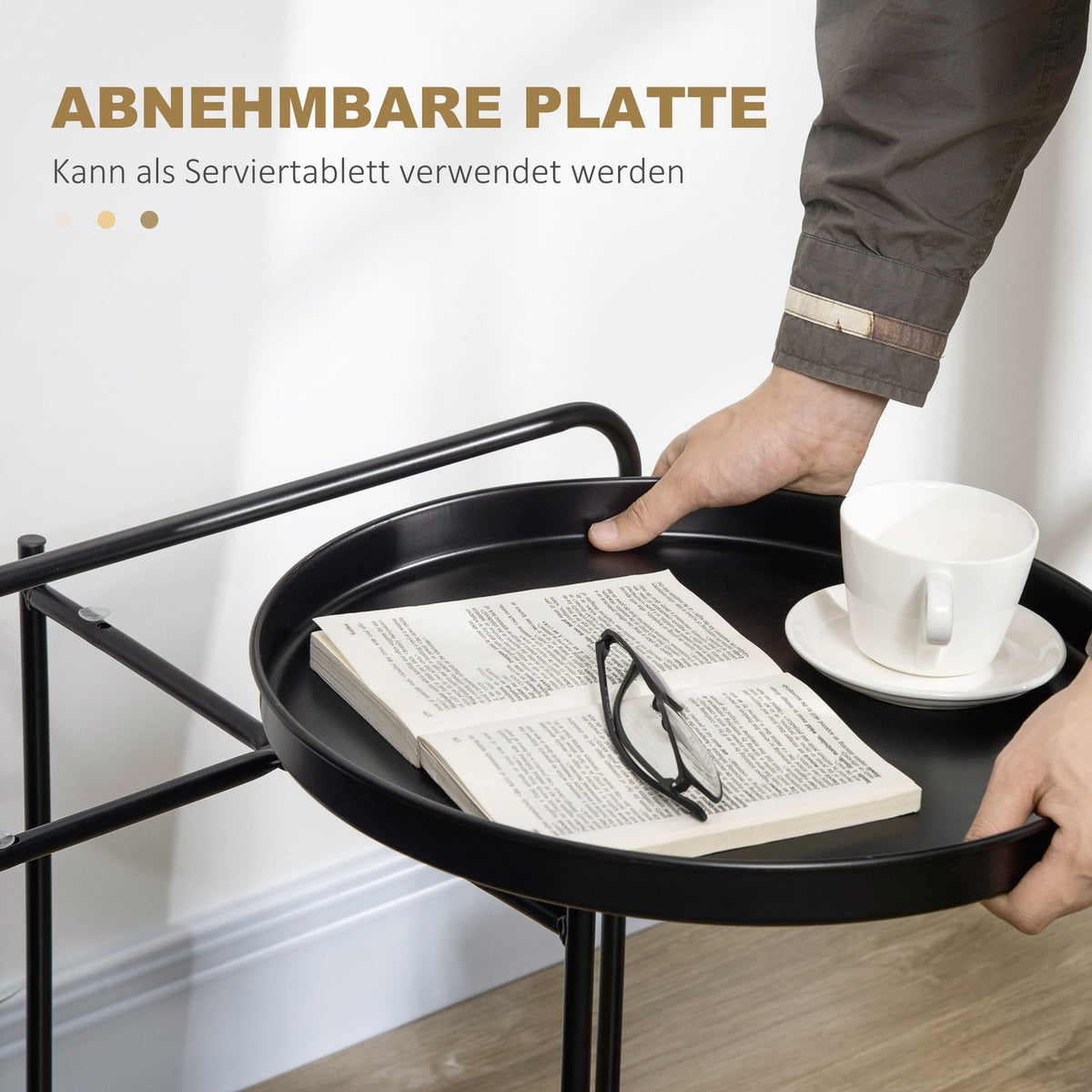 Side Table Coffee Table With Handle And 2 Removable Trays, Industrial Design, Steel + Chipboard, Black + Natural, 43.5X42.5X60Cm
