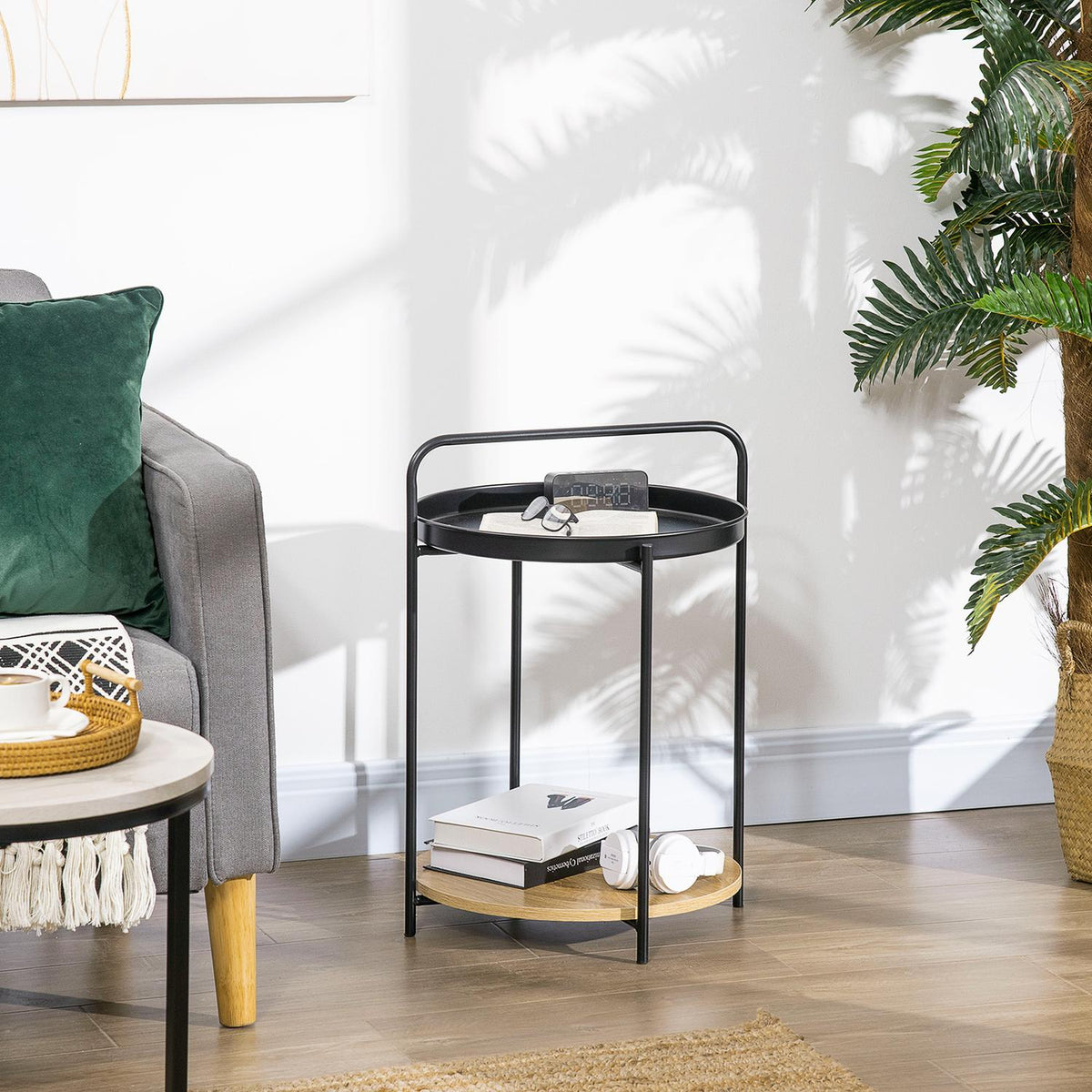 Side Table Coffee Table With Handle And 2 Removable Trays, Industrial Design, Steel + Chipboard, Black + Natural, 43.5X42.5X60Cm