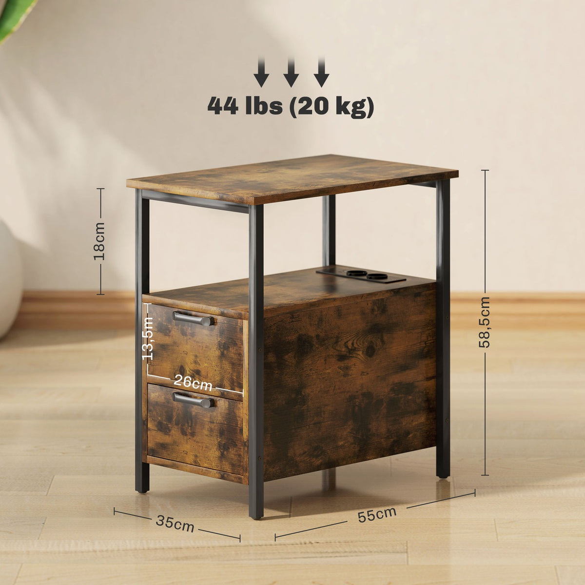 Side Table Coffee Table with Charging Station, USB Ports and Sockets, Bedside Table with 2 Drawers, Shelf for Living Room, Bedroom, Rustic Brown