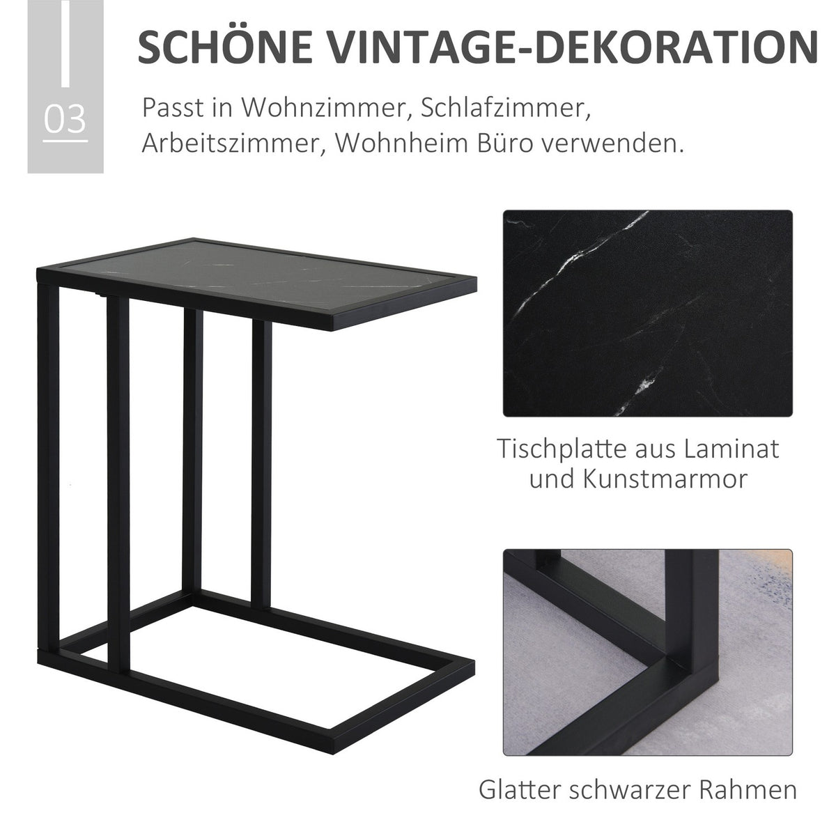 Side Table, Coffee Table with Marble Effect, Coffee Table with Metal Frame, for Living Room, Bedroom, 45 x 30 x 51.5 cm Black