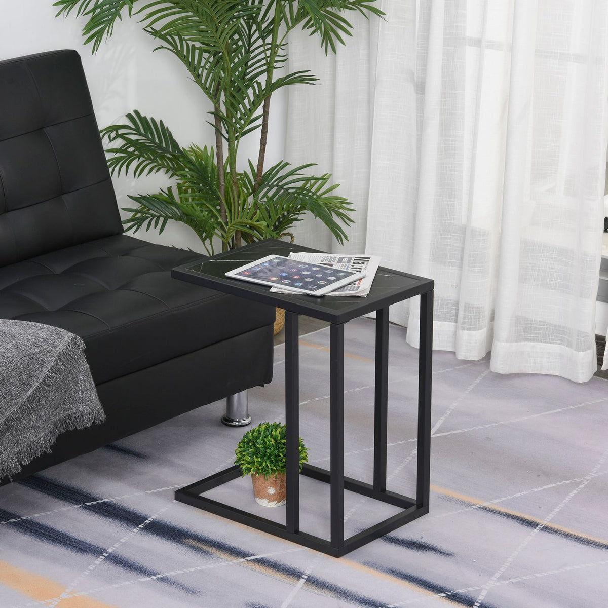 Side Table, Coffee Table with Marble Effect, Coffee Table with Metal Frame, for Living Room, Bedroom, 45 x 30 x 51.5 cm Black