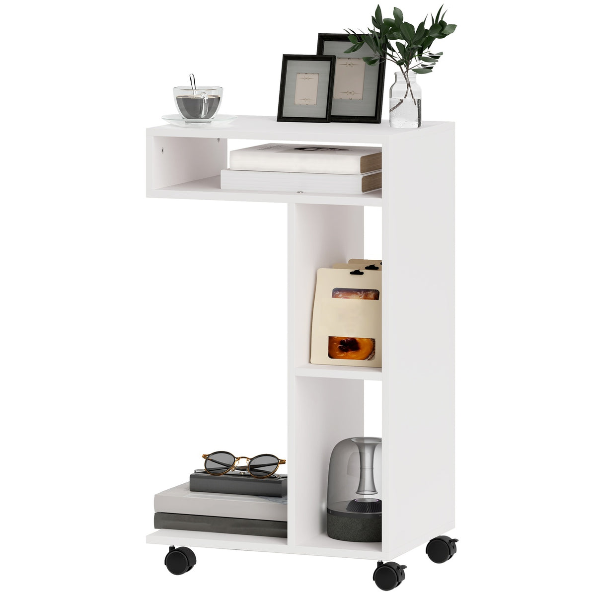 Side Table Coffee Table with Wheels Desk with 4 Shelves Sofa Table Laptop Table Bed Table for Dining Room Living Room White