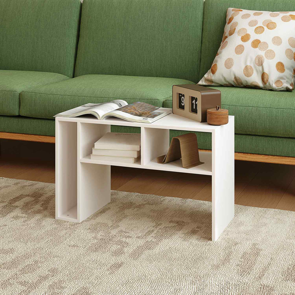 Side Table Coffee Table with Wheels Desk with 4 Shelves Sofa Table Laptop Table Bed Table for Dining Room Living Room White