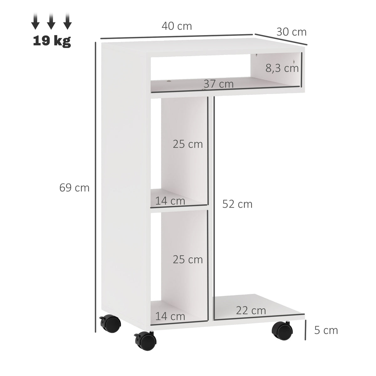 Side Table Coffee Table with Wheels Desk with 4 Shelves Sofa Table Laptop Table Bed Table for Dining Room Living Room White