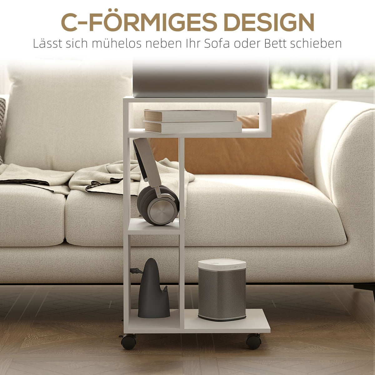 Side Table Coffee Table with Wheels Desk with 4 Shelves Sofa Table Laptop Table Bed Table for Dining Room Living Room White