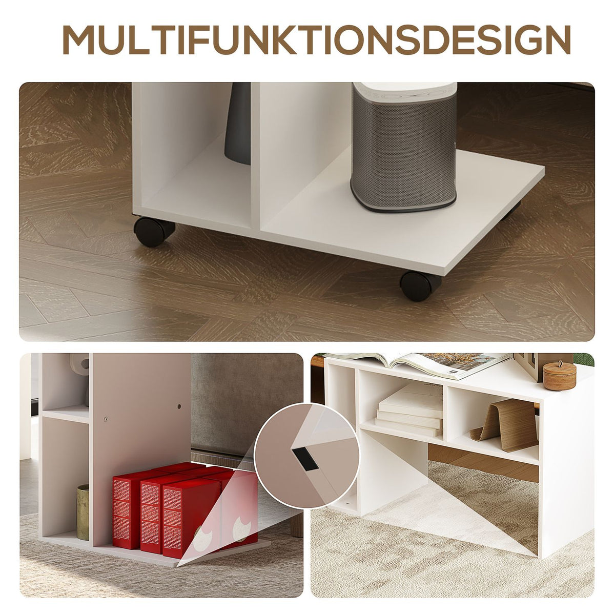 Side Table Coffee Table with Wheels Desk with 4 Shelves Sofa Table Laptop Table Bed Table for Dining Room Living Room White